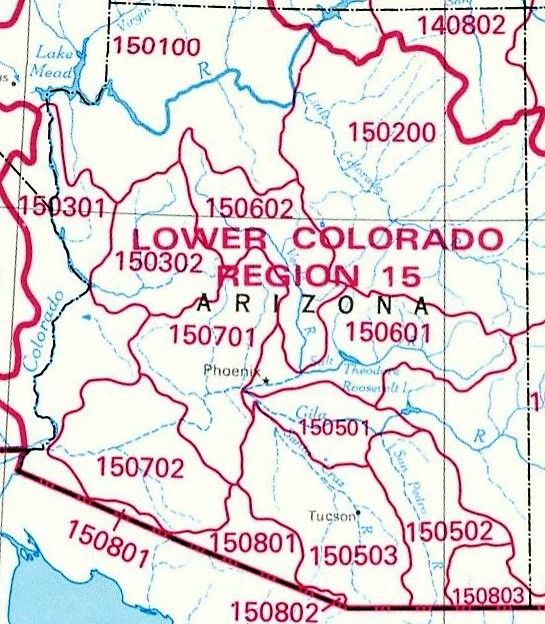 Map showing the watershed areas of Arizona.