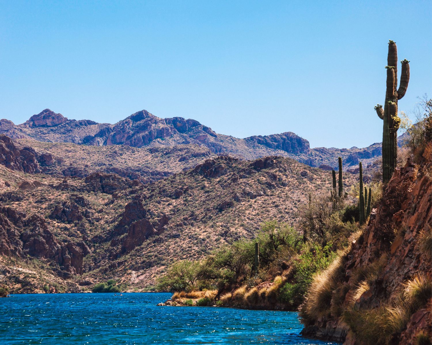 Arizona lake is surrounded by rocky hills and some cacti. 